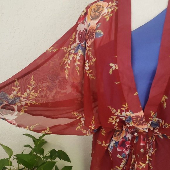 Justin & Taylor Sheer Coverup Ruana Series OSFM Burgundy Floral - Picture 6 of 9